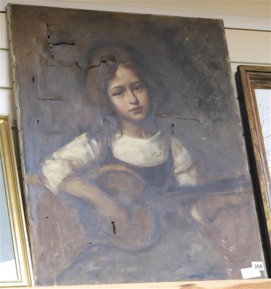 Continental School, oil on canvas, portrait of a girl playing a guitar, 73 x 60cm, unframed (a.f.)